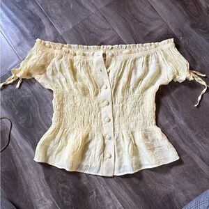 Virus Yellow Off-Shoulder Smocked Button-Front Blouse